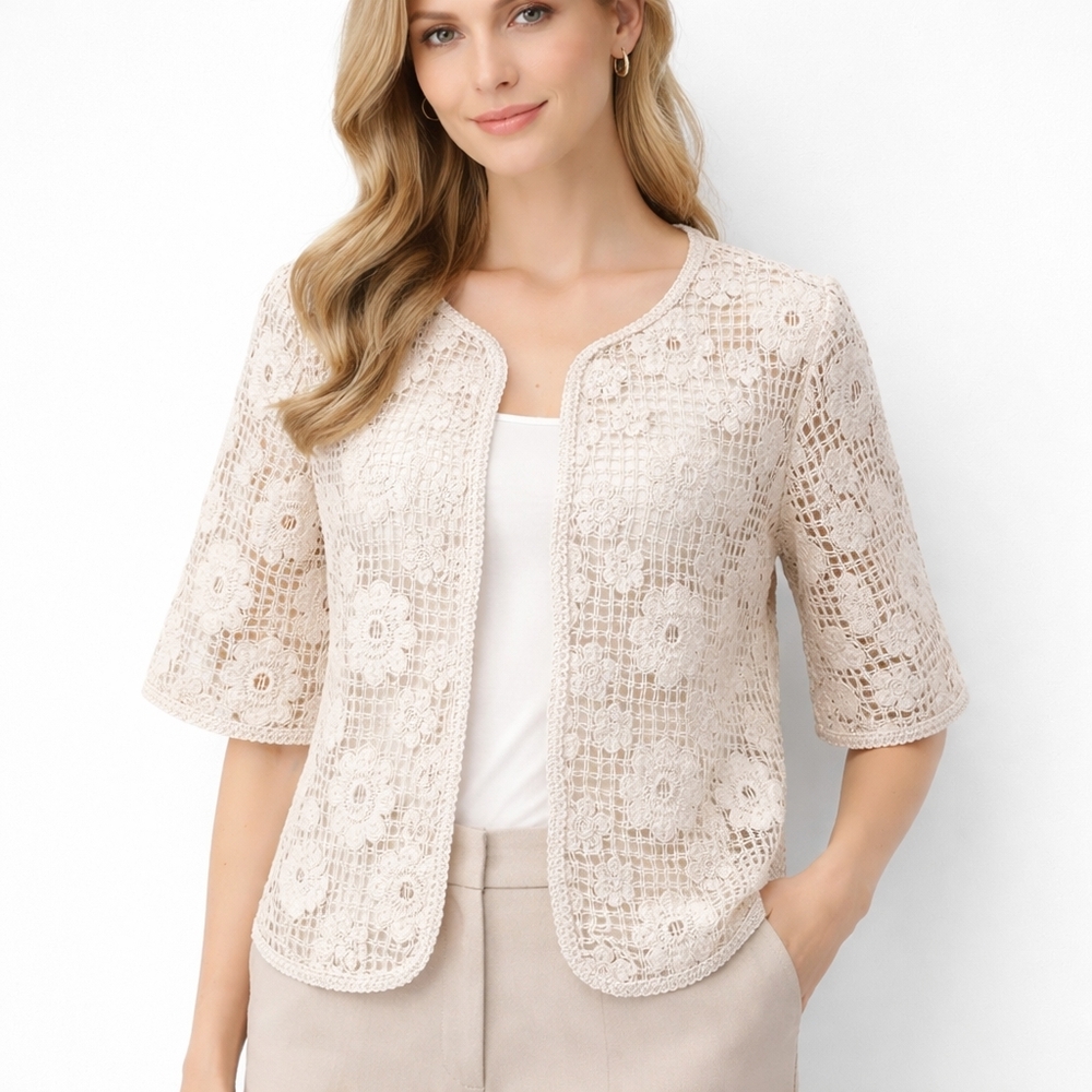 Etcetera Cream Cardigan Crochet Short-Sleeve Blazer